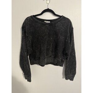 DOUBLE ZERO LOVELY LARGE Cropped Crewneck Sweatshirt Acid Wash Black